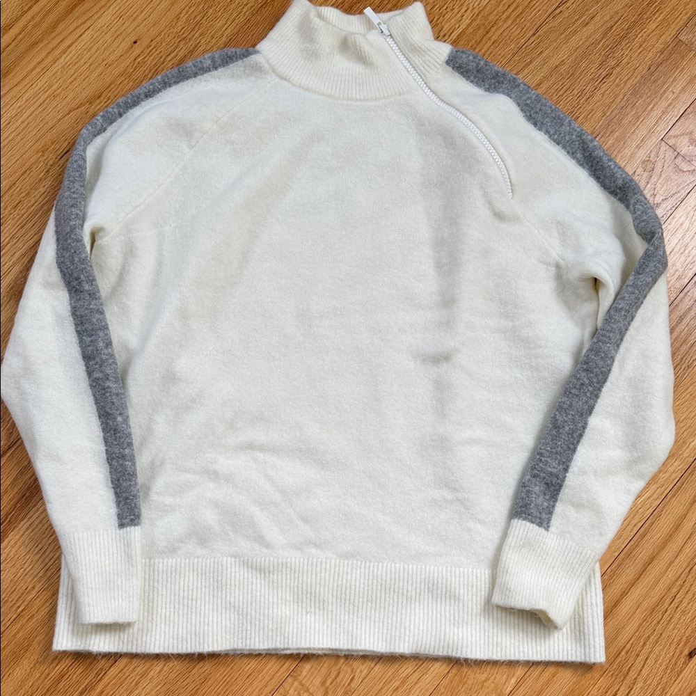 Cream and Gray Small Mock Zip-Up Sweater